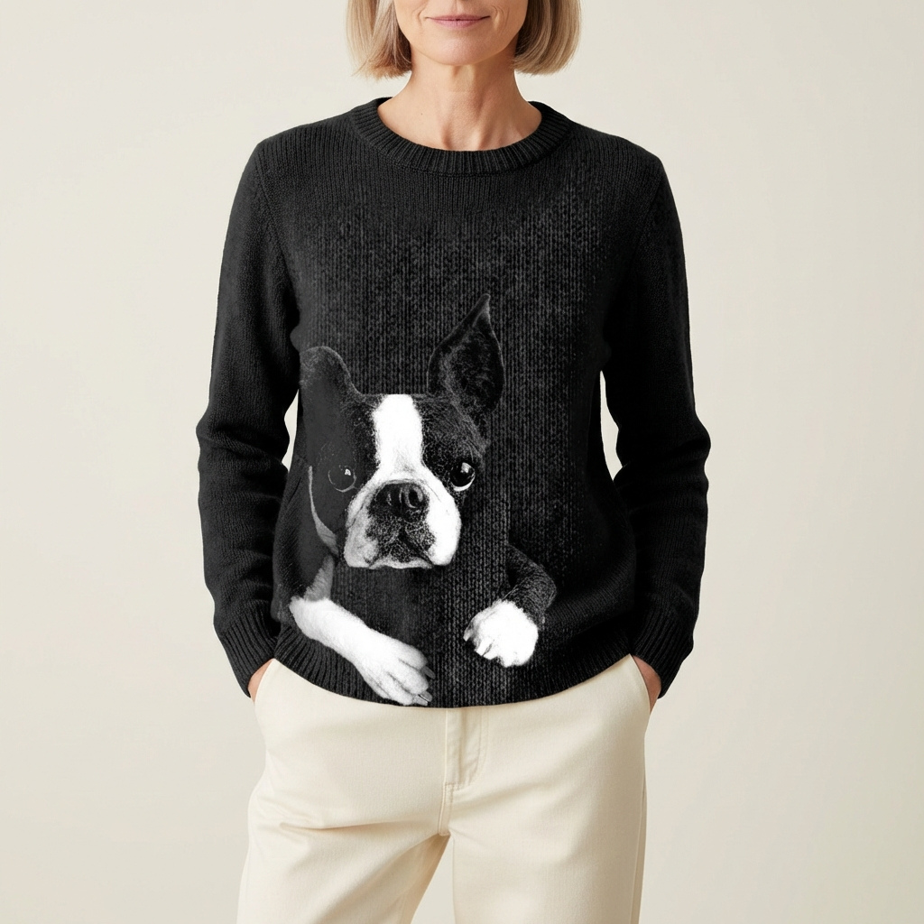 Cotton Sweater Black With Boston Terrier Design