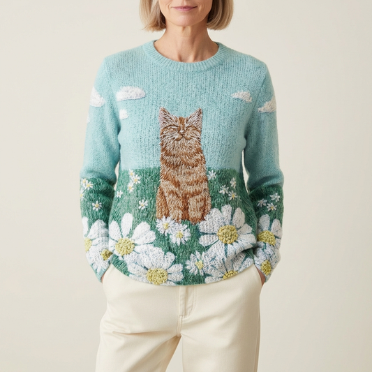 Cotton Sweater Blue With Cat & Daisy Meadow Desig