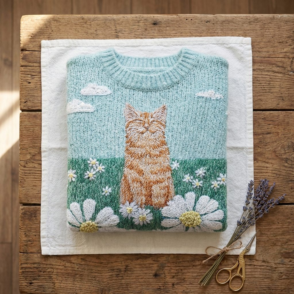 Cotton Sweater Blue With Cat & Daisy Meadow Desig