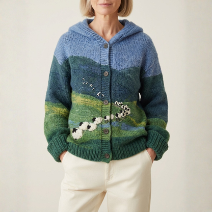 Cotton Sweater Blue With Sheep Landscape Cardigan Hoodie