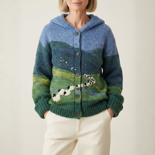 Cotton Sweater Blue With Sheep Landscape Cardigan Hoodie