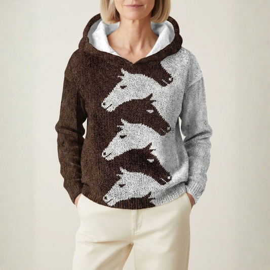 Cotton Sweater Brown With Horse Silhouette Pattern