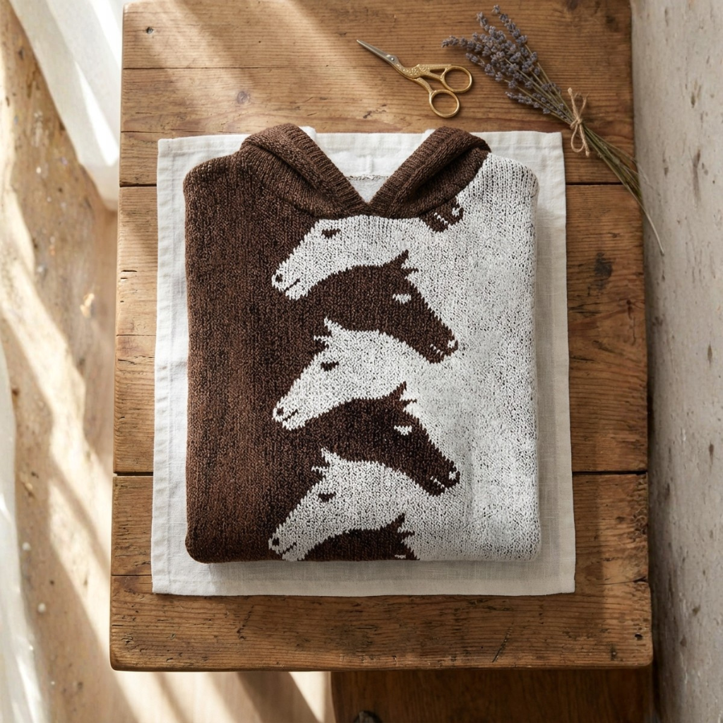 Cotton Sweater Brown With Horse Silhouette Pattern