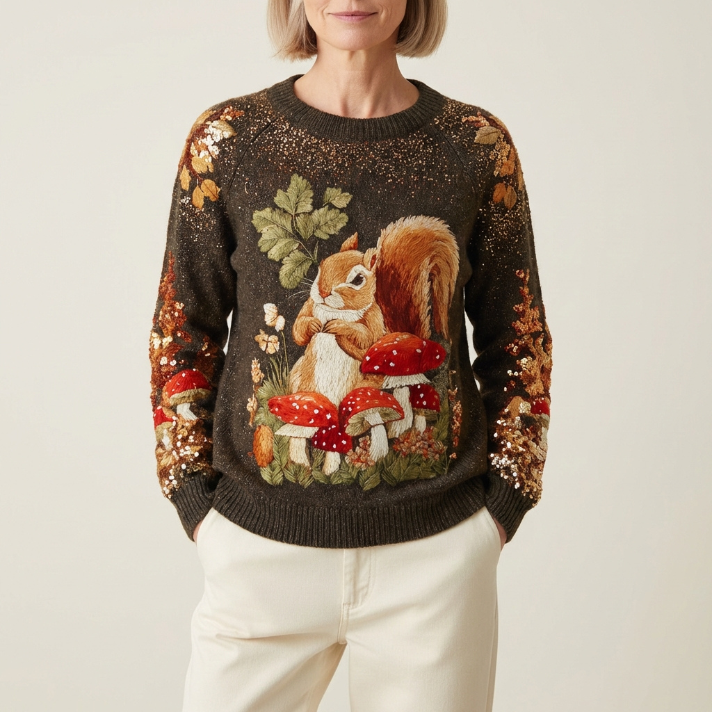 Cotton Sweater Brown With Squirrel & Mushroom Design