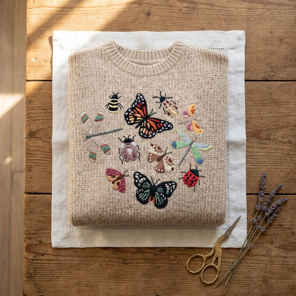 Cotton Sweater Cream With Butterfly & Insect Pattern