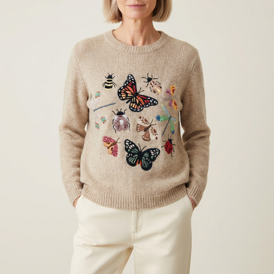 Cotton Sweater Cream With Butterfly & Insect Pattern