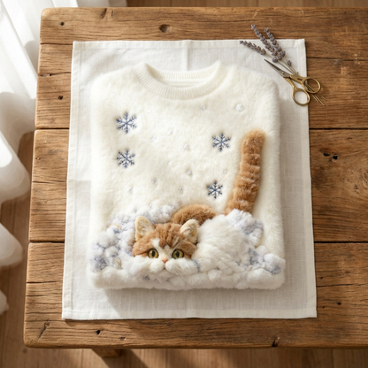 Cotton Sweater Cream With Cat In Snow & Snowflake Design