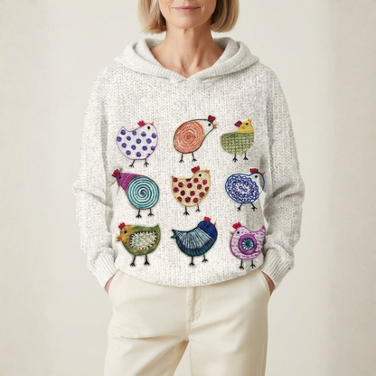 Cotton Sweater Cream With Colorful Chicken Pattern Hoodie