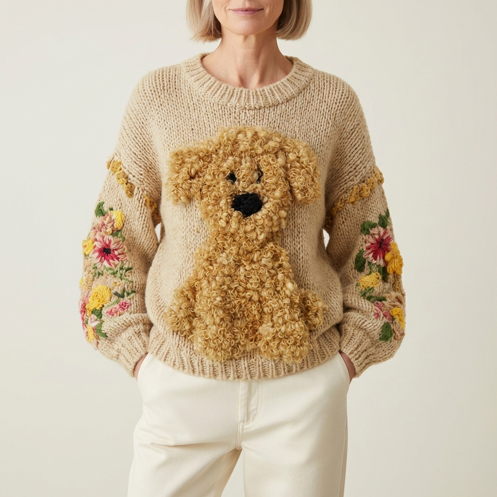 Cotton Sweater Cream With Curly Dog & Floral Pattern
