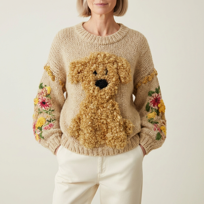 Cotton Sweater Cream With Curly Dog & Floral Pattern
