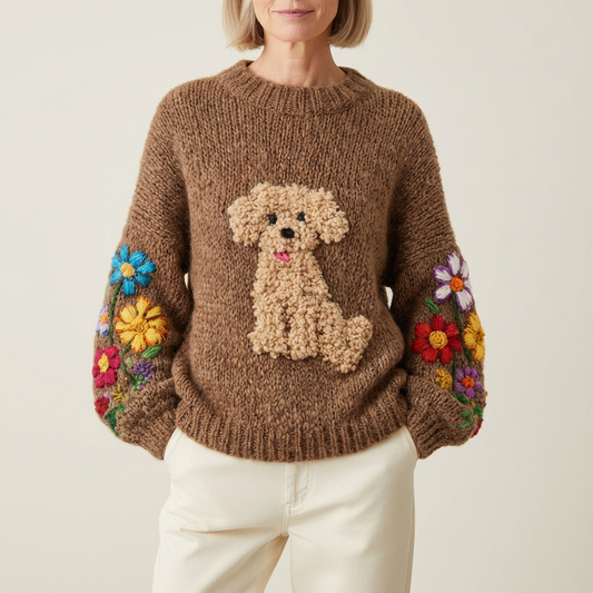 Cotton Sweater Brown With Curly Dog & Floral Pattern