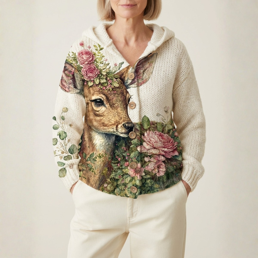 Cotton Sweater Cream With Deer & Rose Flower Hoodie