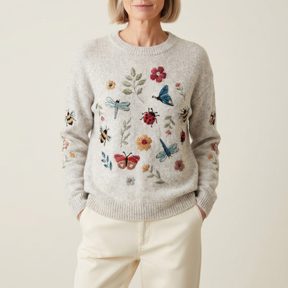 Cotton Sweater Cream With Flower, Butterfly & Bee Pattern