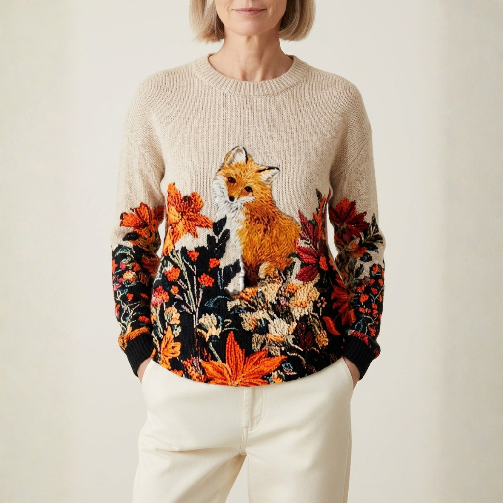 Cotton Sweater Cream With Fox & Autumn Design