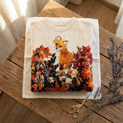 Cotton Sweater Cream With Fox & Autumn Design