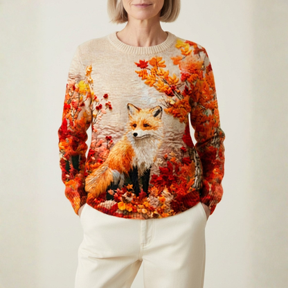 Cotton Sweater Cream With Fox & Autumn Flower Design