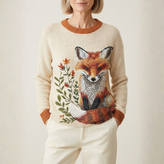 Cotton Sweater Cream With Fox & Wildflower Design