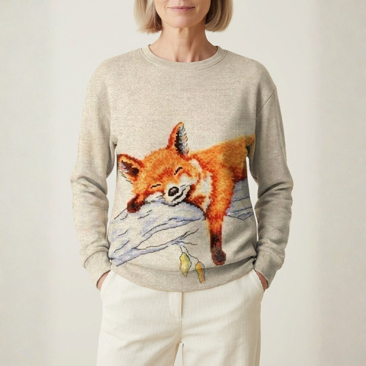 Cotton Sweater Cream With Fox On Branch Design