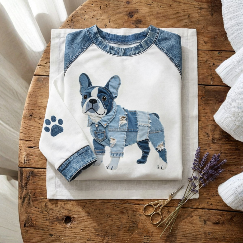 Cotton Sweater Cream With French Bulldog In Denim Design