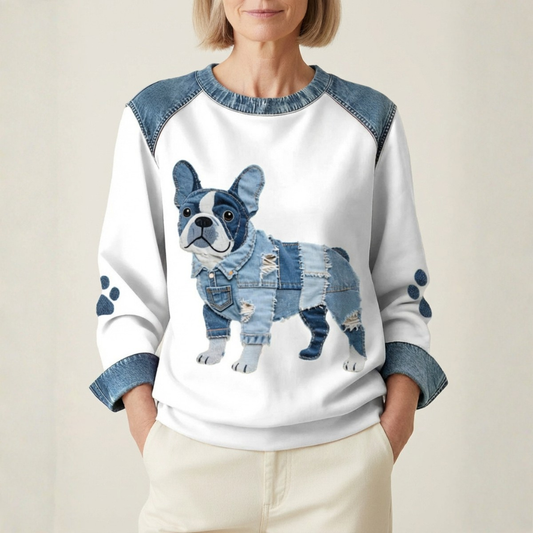 Cotton Sweater Cream With French Bulldog In Denim Design