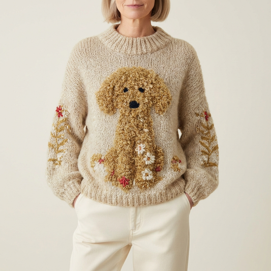 Cotton Sweater Cream With Goldendoodle & Floral Pattern