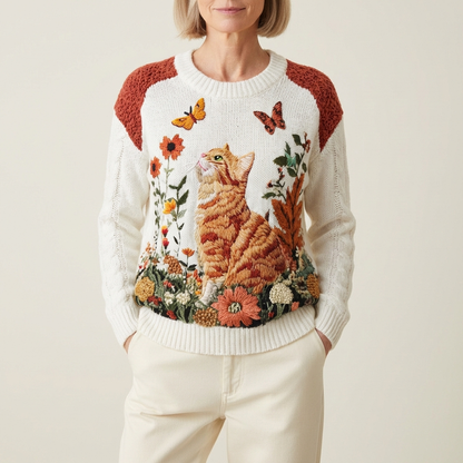 Cotton Sweater Cream With Orange Cat & Butterfly Flower Design