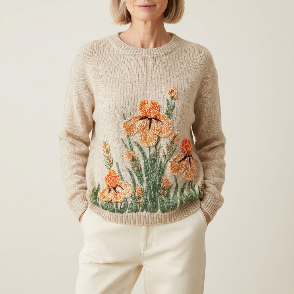 Cotton Sweater Cream With Orange Iris Flower Design