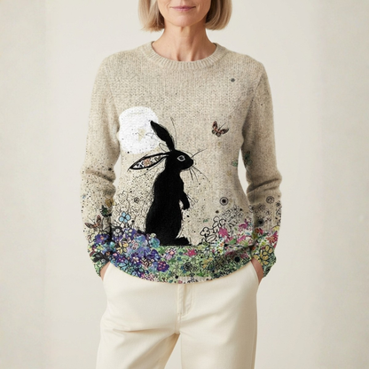 Cotton Sweater Cream With Rabbit & Wildflower Design