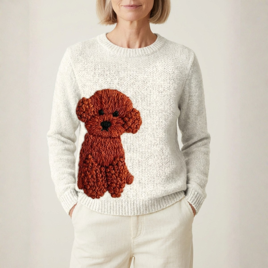 Cotton Sweater Cream With Red Poodle Design