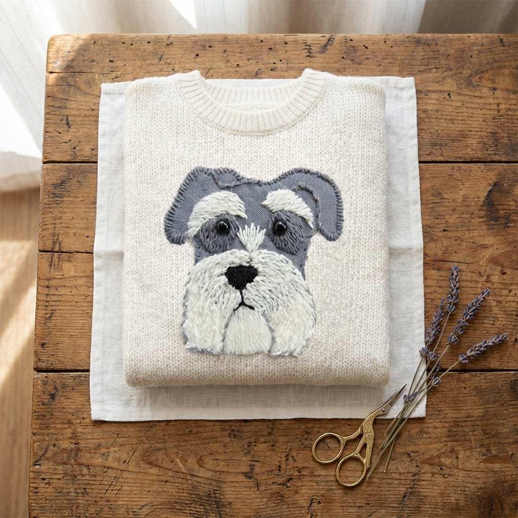 Cotton Sweater Cream With Schnauzer Design