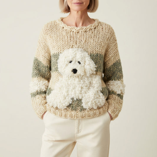 Cotton Sweater Cream With Striped Poodle Design