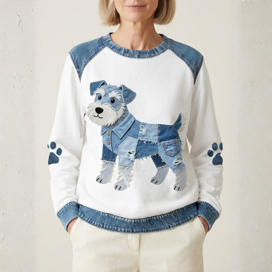 Cotton Sweater Cream With Terrier In Denim Design