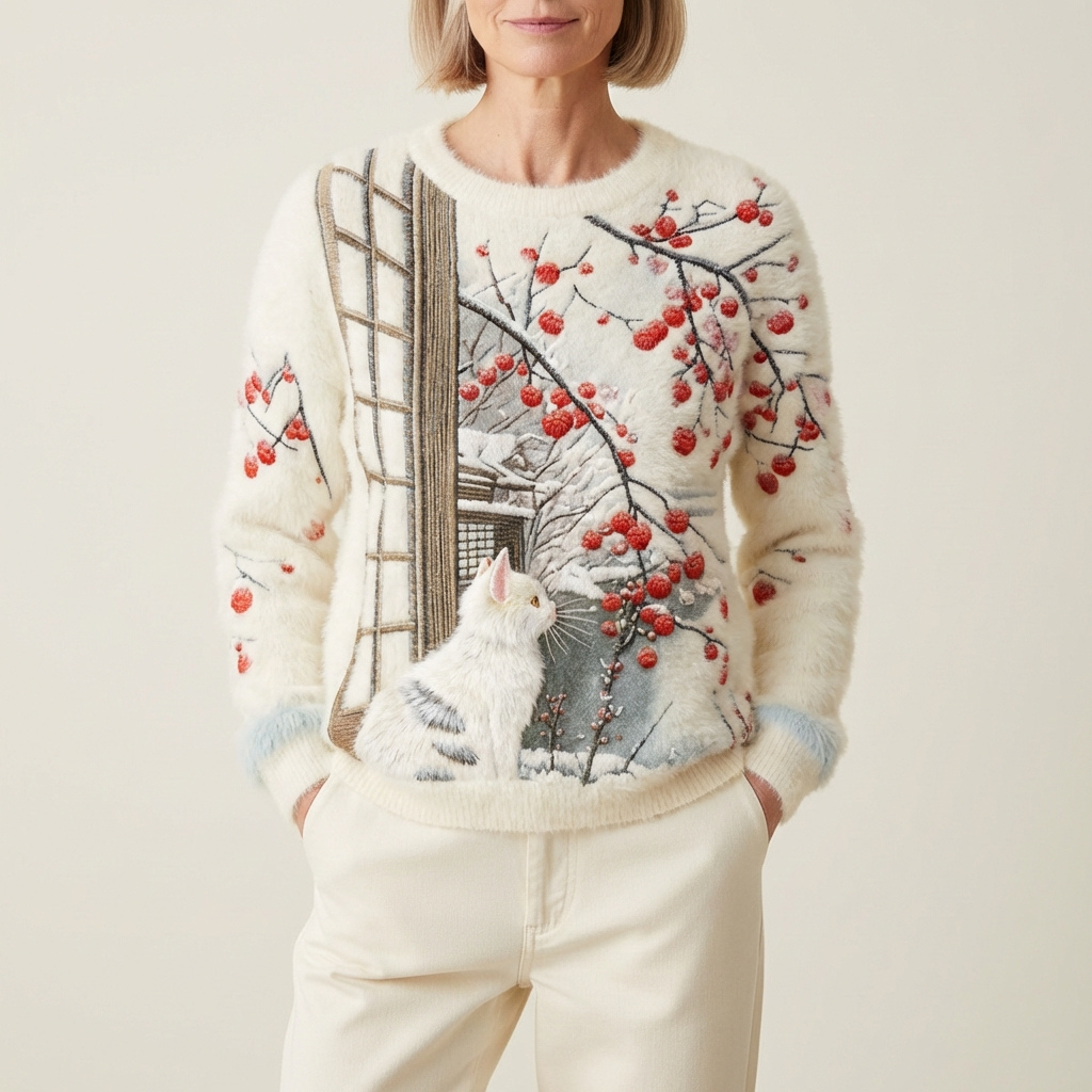 Cotton Sweater Cream With White Cat & Berry Branch Design