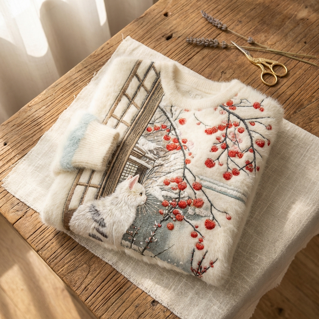 Cotton Sweater Cream With White Cat & Berry Branch Design