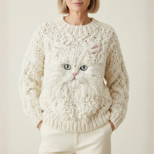 Cotton Sweater Cream With White Cat Face Design