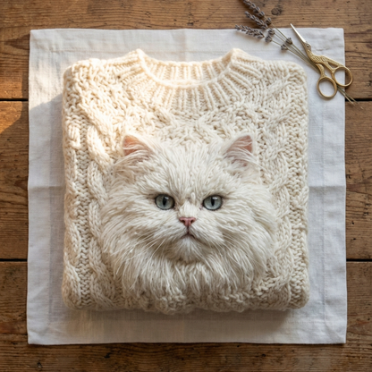 Cotton Sweater Cream With White Cat Face Design
