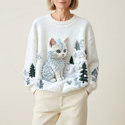 Cotton Sweater Cream With White Cat Winter Landscape Design