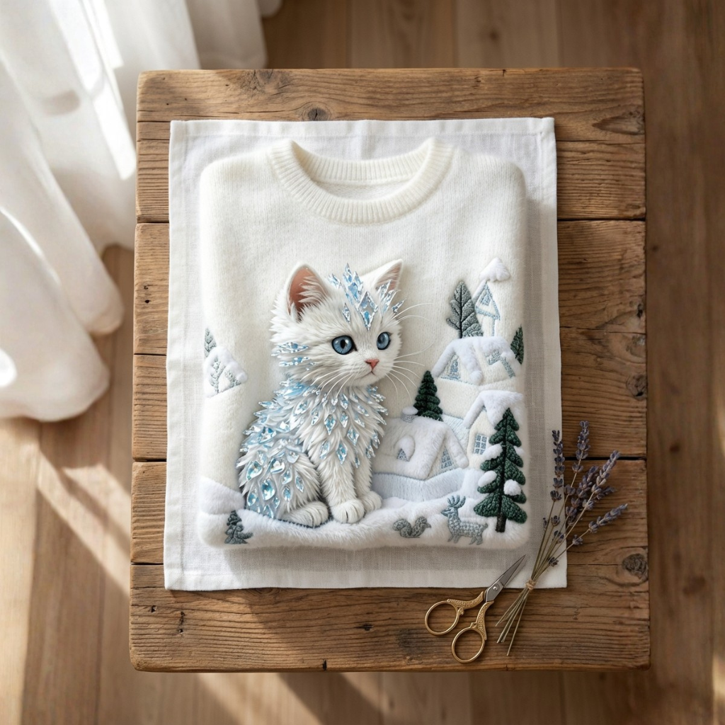 Cotton Sweater Cream With White Cat Winter Landscape Design