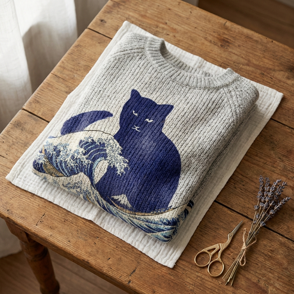 Cotton Sweater Gray With Cat & Ocean Wave Design