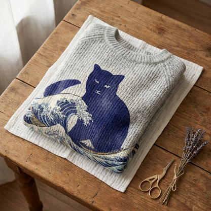 Cotton Sweater Gray With Cat & Ocean Wave Design