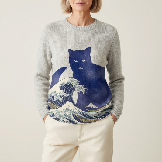 Cotton Sweater Gray With Cat & Ocean Wave Design