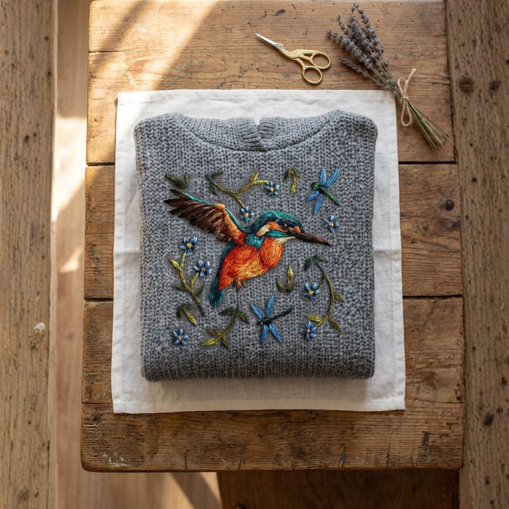 Cotton Sweater Gray With Kingfisher & Dragonfly Hoodie