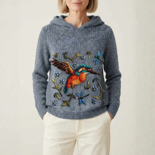 Cotton Sweater Gray With Kingfisher & Dragonfly Hoodie