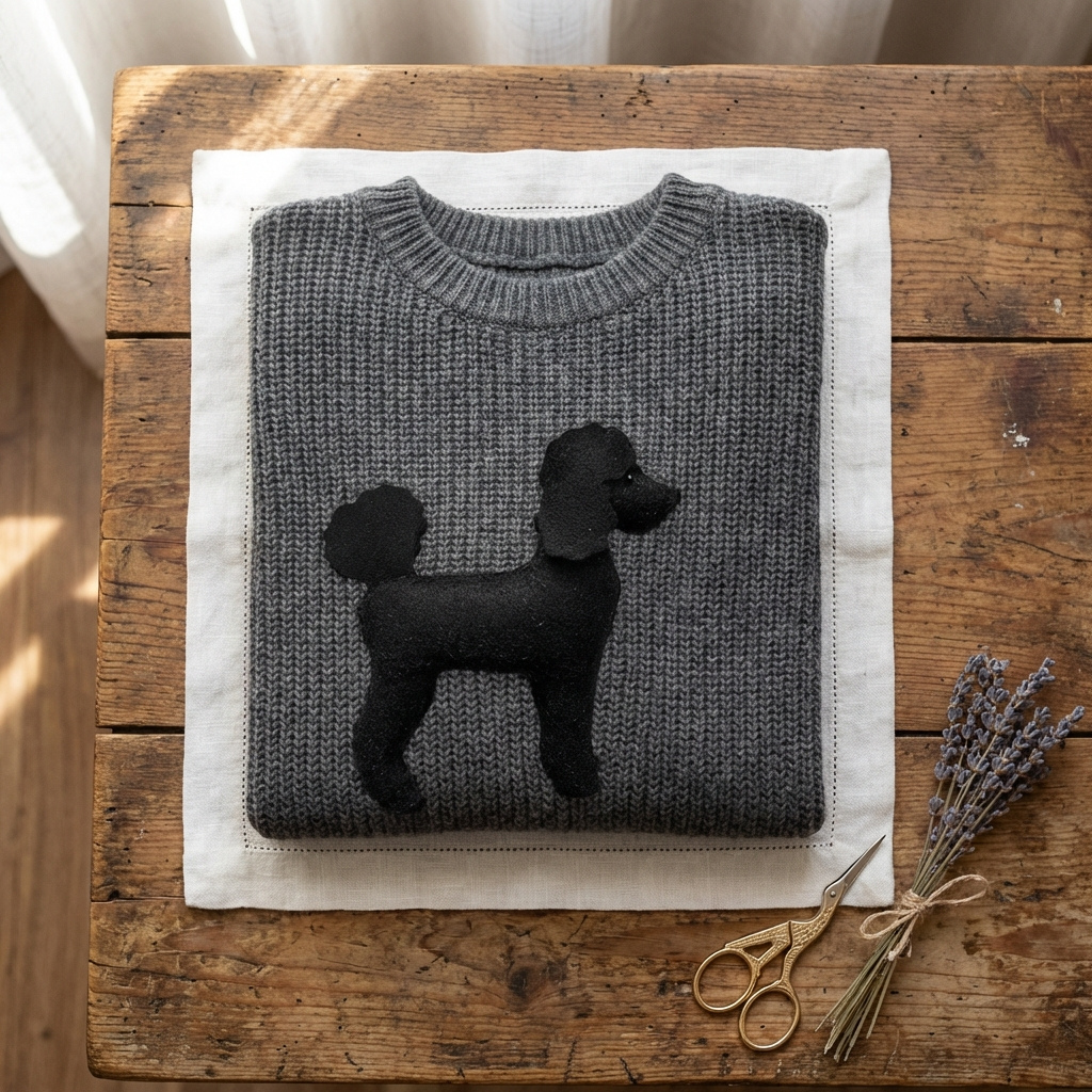Cotton Sweater Gray With Poodle Silhouette Design