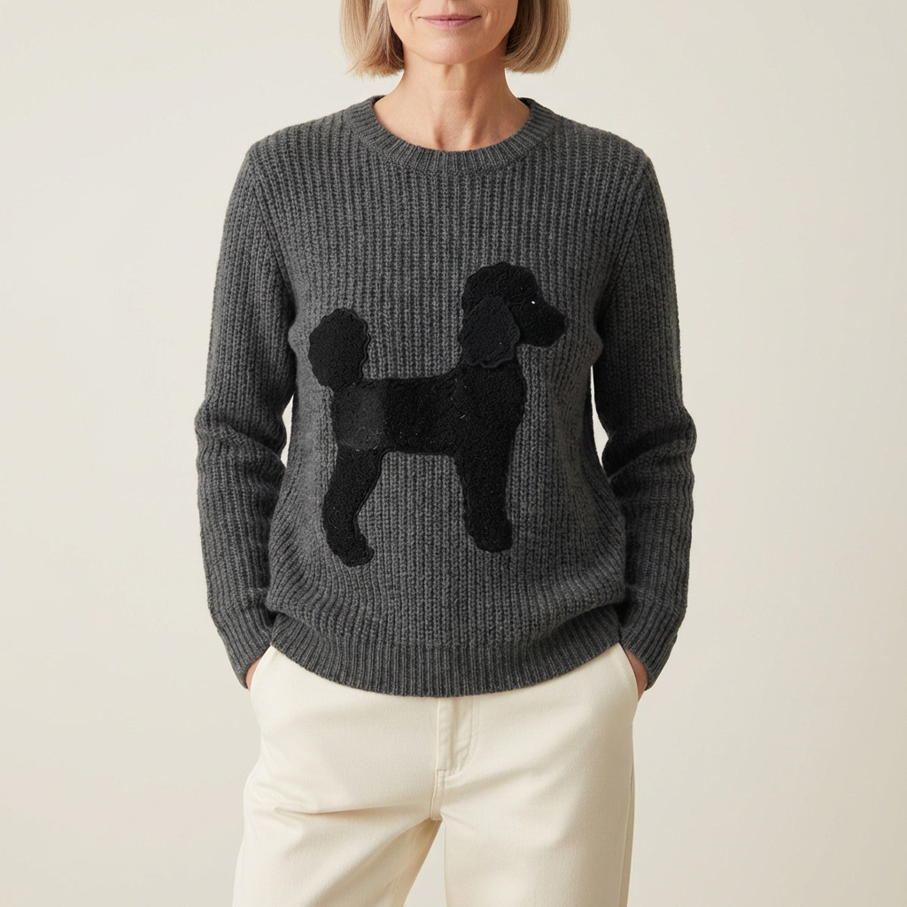 Cotton Sweater Gray With Poodle Silhouette Design