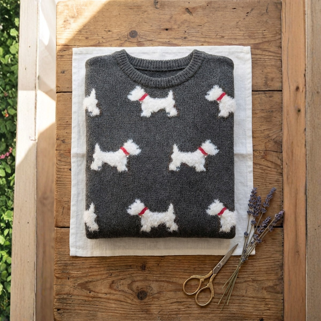 Cotton Sweater Gray With Westie Pattern