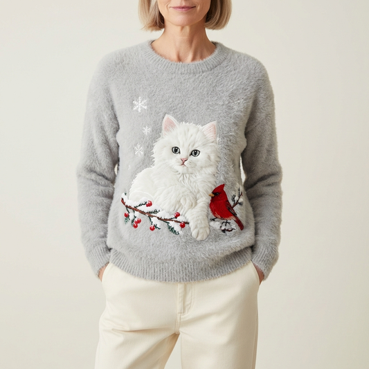 Cotton Sweater Gray With White Cat & Cardinal Design