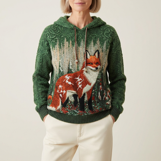 Cotton Sweater Green With Fox & Forest Landscape Hoodie