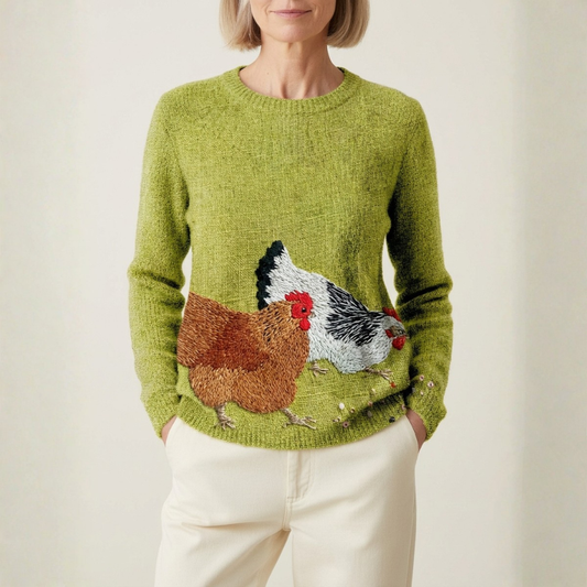 Cotton Sweater Green With Hen & Chicken Design