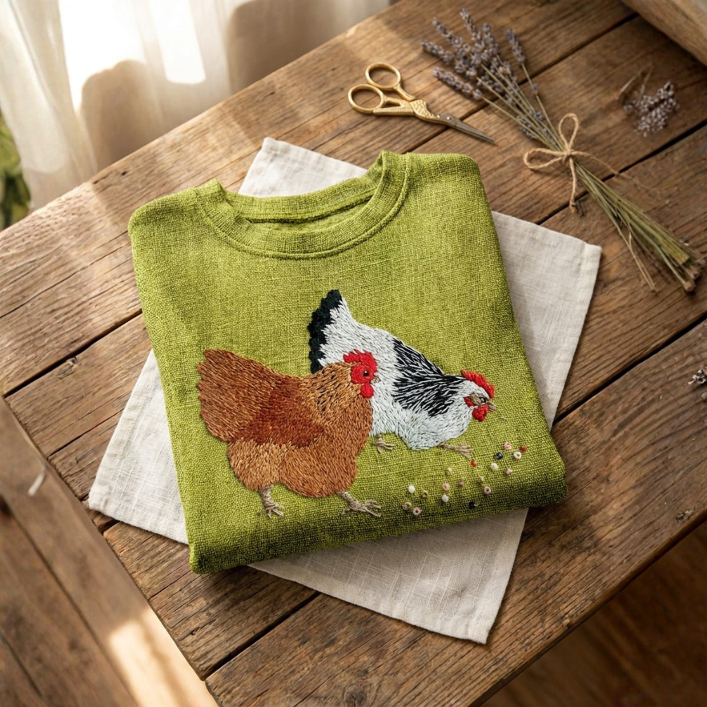 Cotton Sweater Green With Hen & Chicken Design